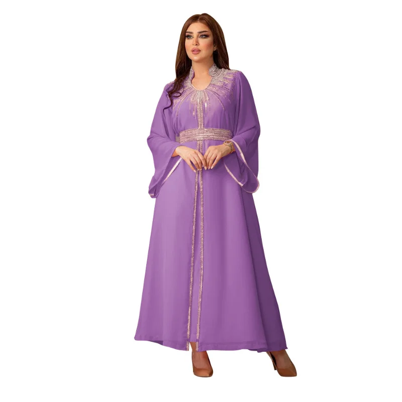 2023 Spring Summer Muslim Women Long Sleeve V-neck Polyester Yellow Pink Orange Blue Purple Long Abaya Muslim Fashion Dresses