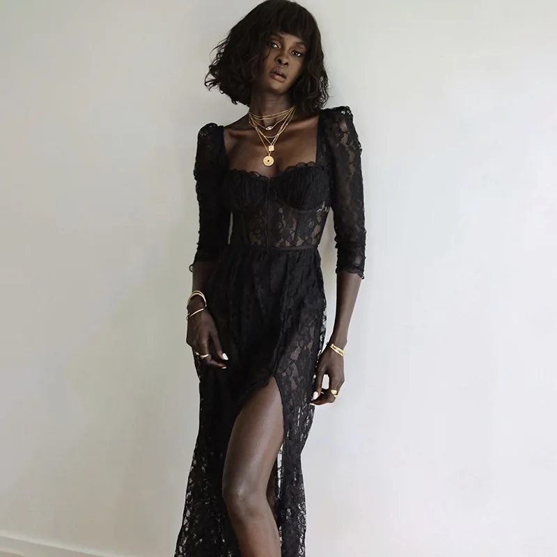 

2021 Y2k Fashion Party Vacation Beach Spring Quarter Sleeve Mid-Calf Dresses Clubwear Sexy Black Lace Long Dress Women's