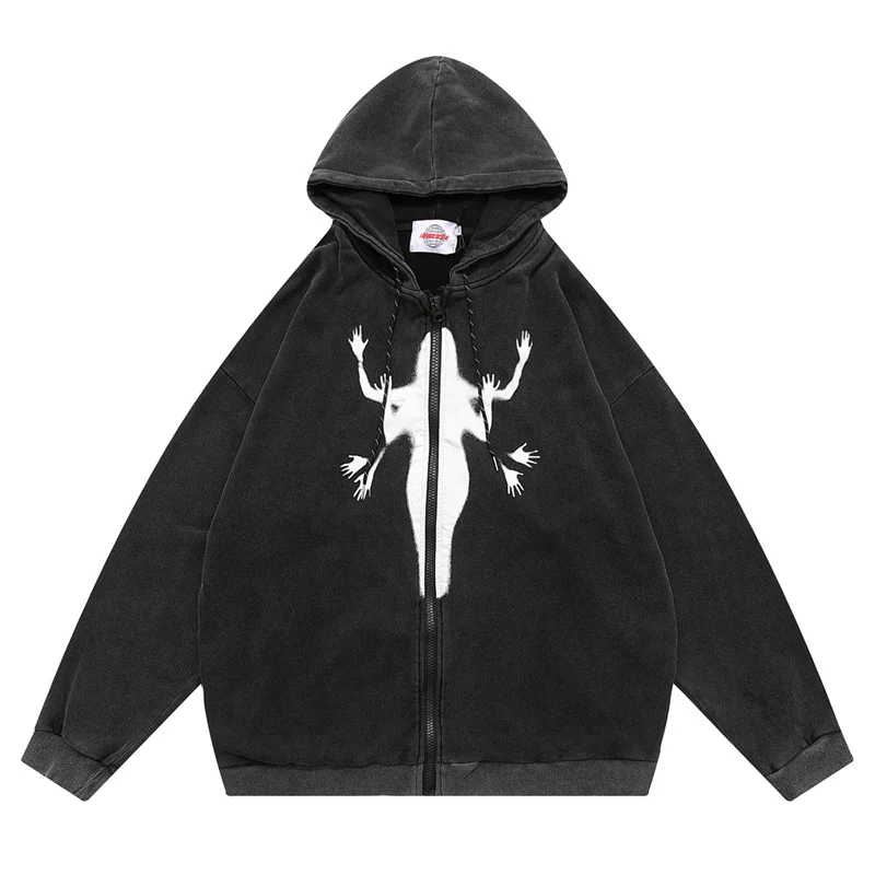 

Винтажная мужская толстовка с капюшоном в стиле хип-хоп с принтом призрака на молнии, потертая толстовка с капюшоном, 2022 Харадзюку панк готика, куртка
