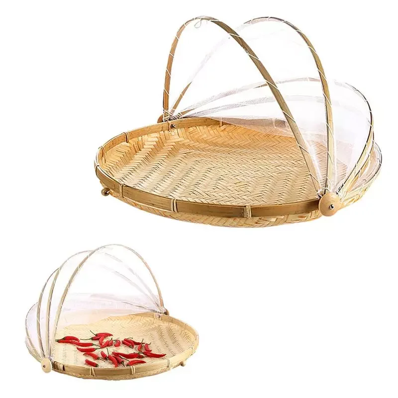 

Hand-Woven Food Serving Tent Basket Tray Fruit Vegetable Bread Storage Basket Simple Outdoor Picnic Mesh Net Cover