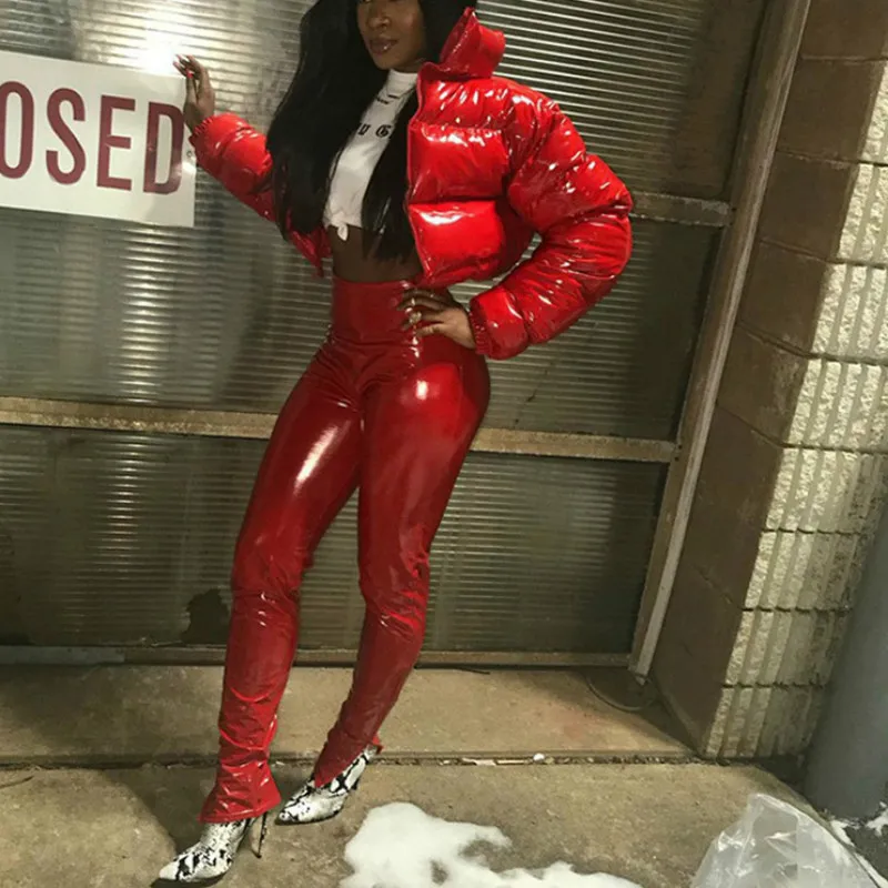 PU Warm Parka Coat Women Casual Fashion Long Sleeve Winter Cropped Bright Shiny Silver Bubble Coat Puffer Jacket Outwears Sexy