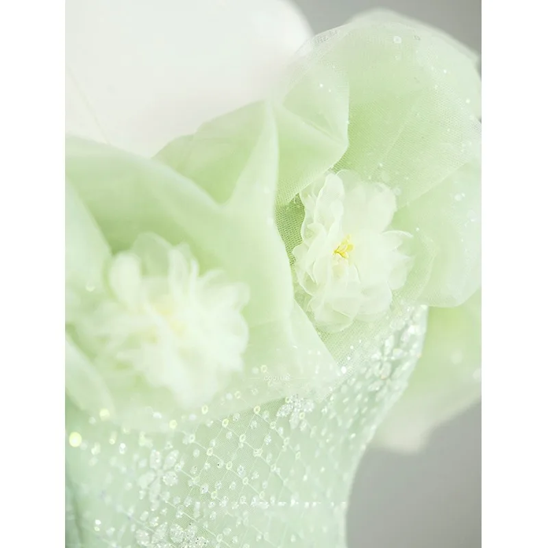 Luxury Green Princess Floral Off-Shoulder Strapless Evening Party Prom Dresses Women  A-line Ball Gown Tulle Formal Dress