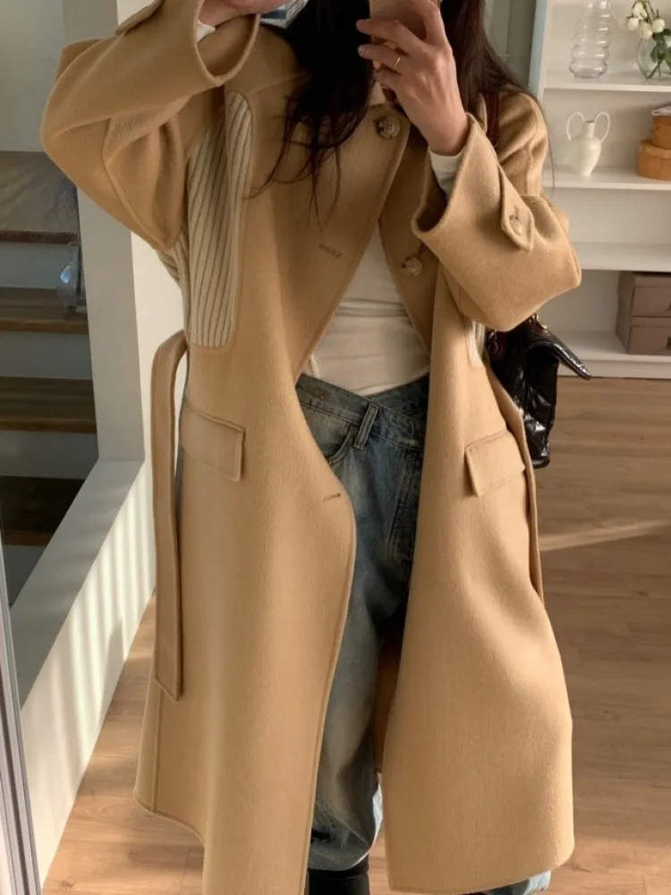 

Women's Winter Long Wool Blended Jacket Coat with Belt Oversized Patchwork Woolen Overcoat Thicken Outerwears 2023