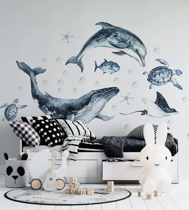 

Ocean Animals Wall Decal for Kids and Nursery, sea animals wall sticker, OCEAN Life with whale, fishes, sea turtles, dolphin sti