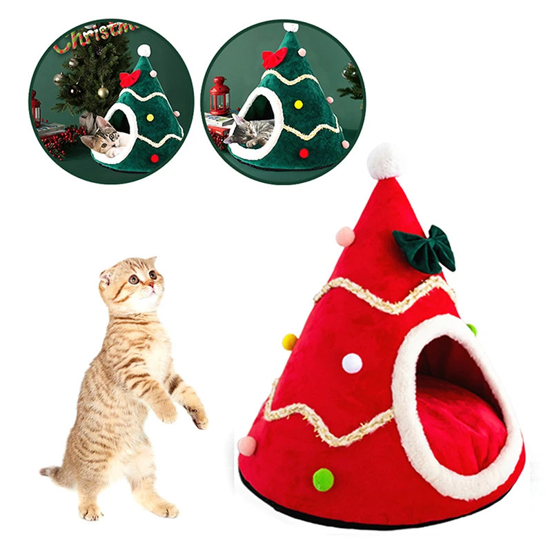 

Pet Cat Bed House Christmas Tree Shape Cat Nest Puppy Cave Sleeping Bed Tent For New Year Small Dog Cushion Mat Accessories