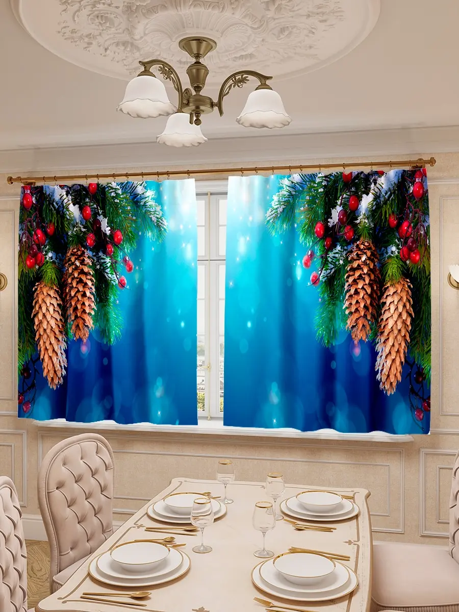 Шторы для кухни LeJoy Home из габардина &quotНовогодние шишки на синем фоне&quot 180х290 см. (2