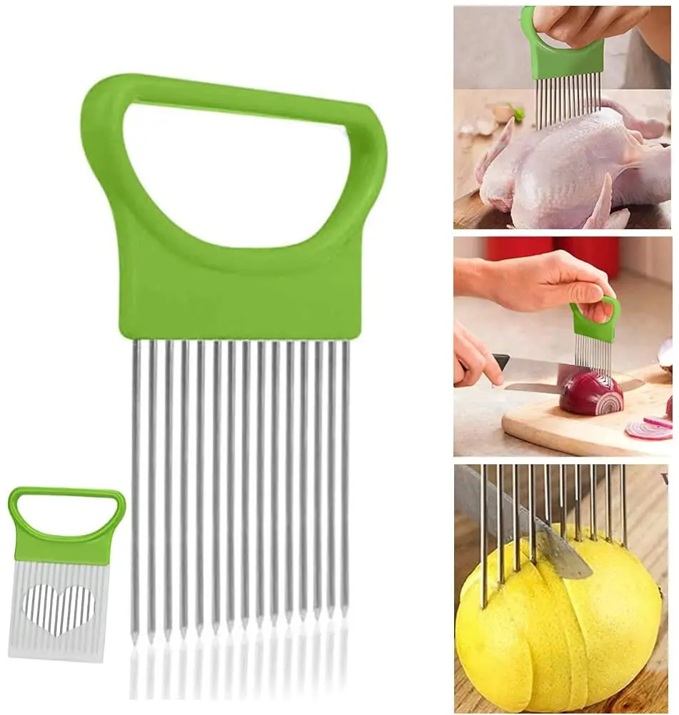 

Луковая игла из нержавеющей стали с кронштейном, луковый ломтик, вспомогательный нож, легко режущий, безопасная вилка для томатов, Ручной Ку...