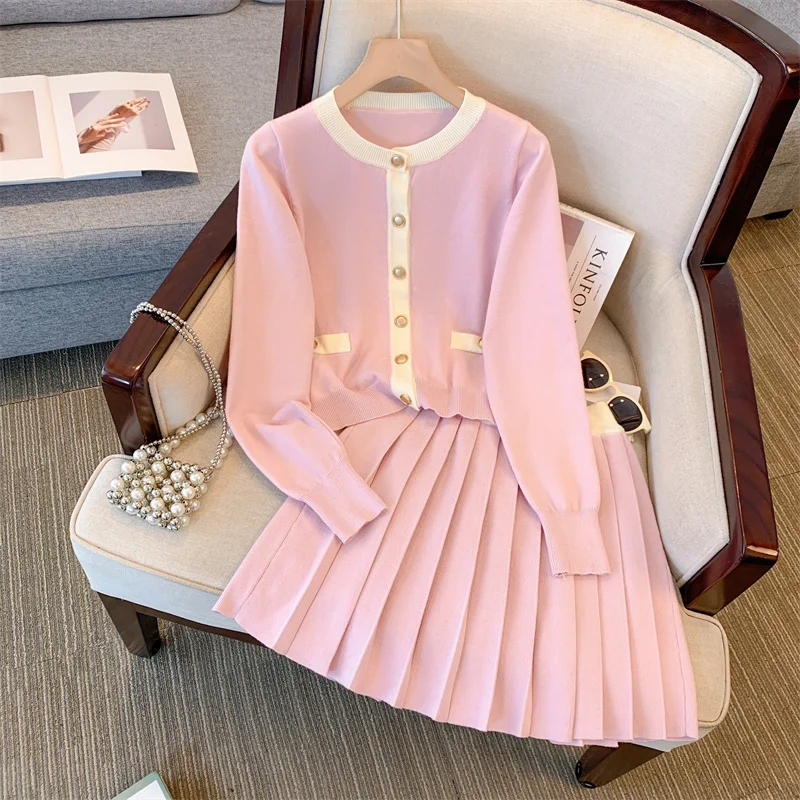 Женский трикотажный Костюм-двойка офисный Кардиган с длинным рукавом и юбка