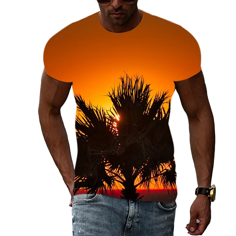 

Summer Fashion Palm Tree Beach Pattern Casual Trend Unisex Loose Breathable 3D Harajuku Print Round Neck Short Sleeve T-Shirt