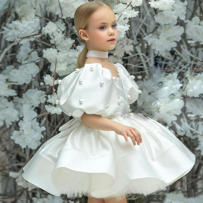

Baby Girls Birthday Dress Kids Elegant Retro Princess Dresses New Fashion Puff Sleeve Pearls Prom Dress for Girl Party Clothing
