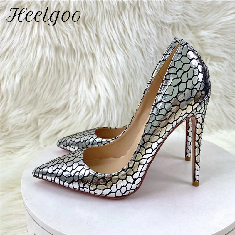 

Heelgoo Silver Crocodile Effect Women Sexy Pointy Toe Slip On High Heel Shoes for Party Dress Large Size 45 46 Stiletto Pumps