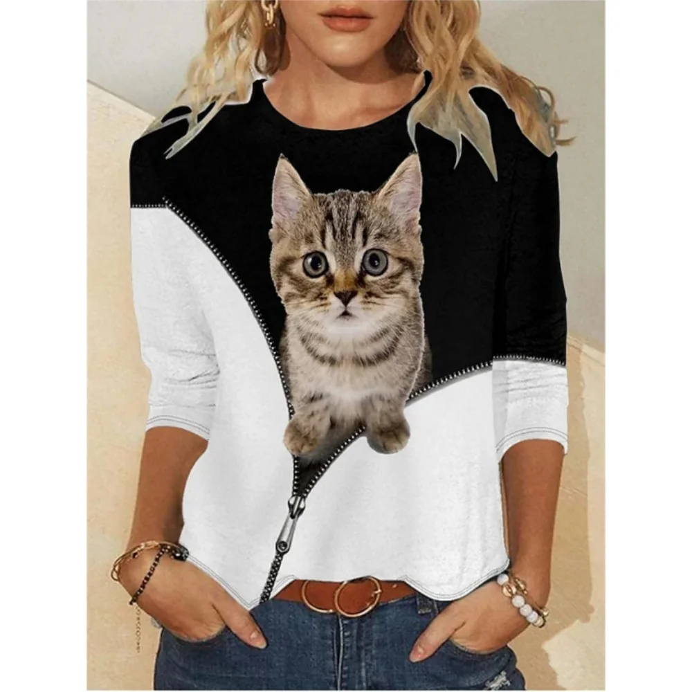 

Футболка женская с длинным рукавом и 3D-принтом в виде кошки
