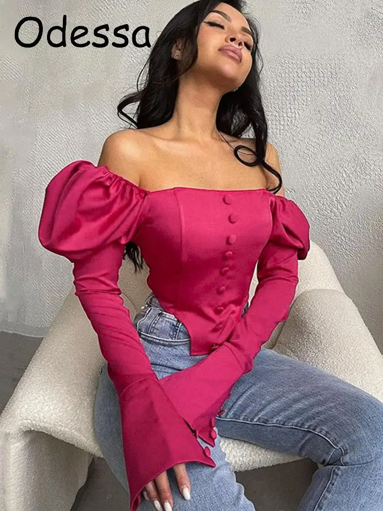 

Odessa Fashion Off Shoulder Tops Women Long Sleeves Club Party White T Shirts Trumpet Sleeve Tunic Crop Top 2022 Autumn Blouses
