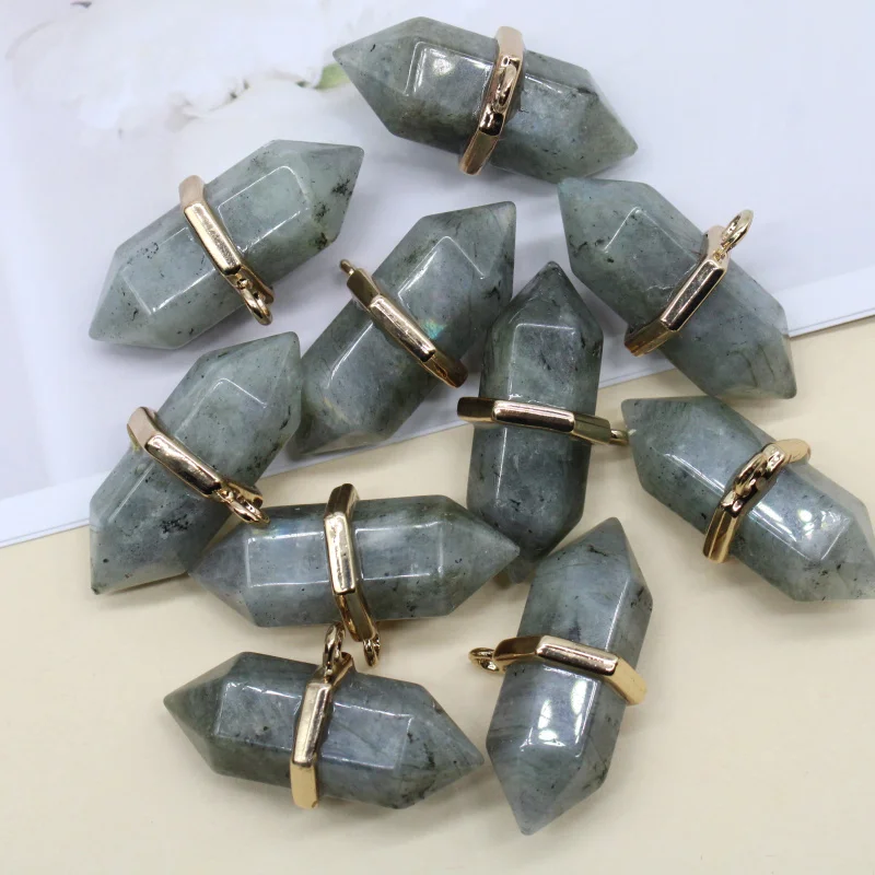 

Natural WhiteCrystal labradorite Stone Hexagon Pointed Cone Pendant Pendulum For Diy Jewelry Making Necklaces Accessories 6pcs