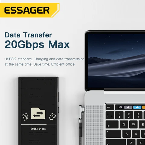 Магнитный адаптер Essager PD 100 Вт USB C OTG для быстрой зарядки, магнитный разъем типа C, 20 Гбит/с, синхронизация данных 4K при 60 Гц для ноутбука Macbook