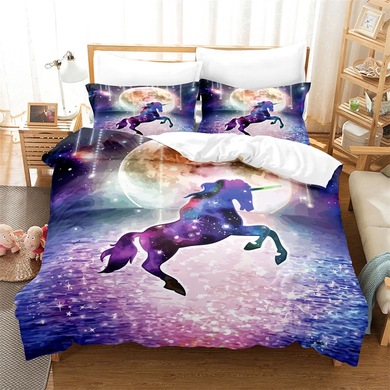 

Cartoon Unicorn Duvet Cover Forest White Flying Horse Quilt Cover Microfiber 3D Wild Animal Bedding Set Twin King For Kids Teen