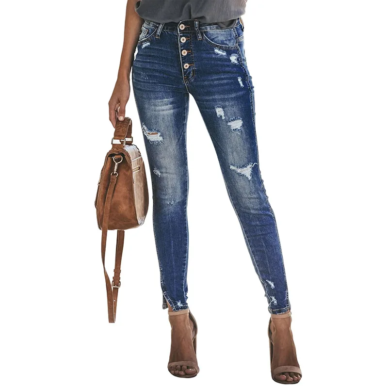 

Women's Jeans 2023 Trend Autumn Fashion High Waist Buttoned Cutout Ripped Casual Skinny Plain Pocket Design Daily Long Jeans