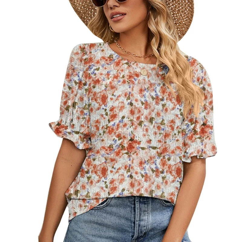 

Women Summer Ruffle Puff Short Sleeve Crew Neck Blouses T-Shirt Summer Casual Loose Fit Floral Print Pullover Tunic Top 10CD