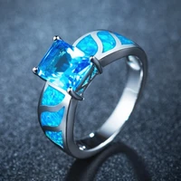 fashion blue opal rings for women retro square silver color opal zircon alloy ring jewelry fashion christmas gift for female