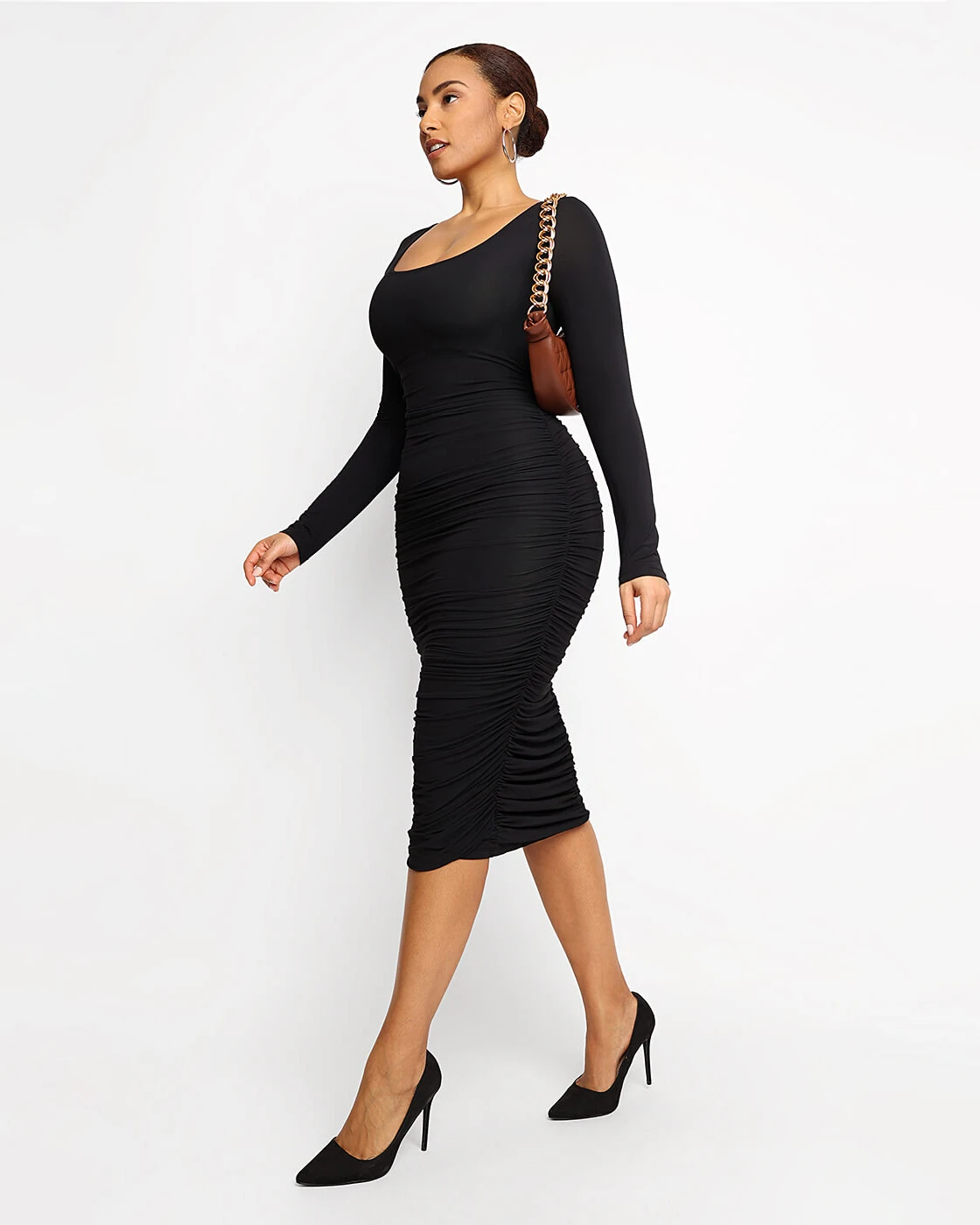 Long Sleeve Ruched Bodycon Dress Women Turtleneck Sexy Dresses Autumn Black Skinny Stretchy Party Vestidos