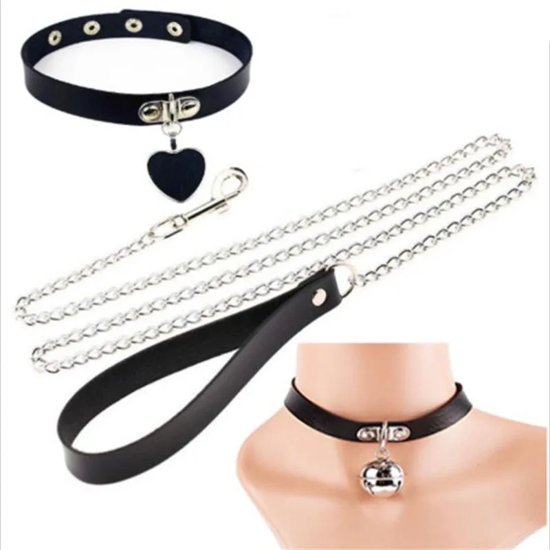 

Trendy Bells Round Heart Pendant Women Leather Neck Chain Fashion Punk Club Lady Exaggerated Necklace Adjustable With Leash