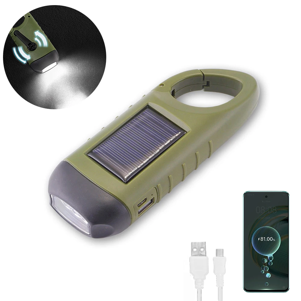 

Solar Hand Crank Flashlight Outdoor Lighting Flashlight Snap-on Design Portable Hang On Backpack Belt Keychain Camping Light