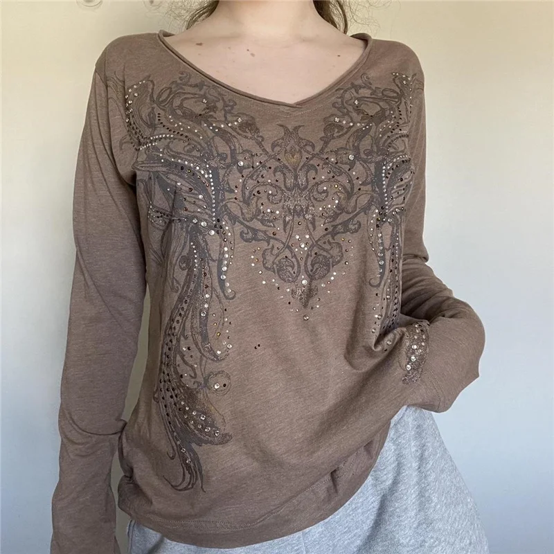 

Винтажная уличная одежда 90-х годов Y2K, футболки с графическим принтом, V-образным вырезом и длинным рукавом, Свободный Топ, Fairycore, гранж, ретро-толстовки, готические футболки 2022