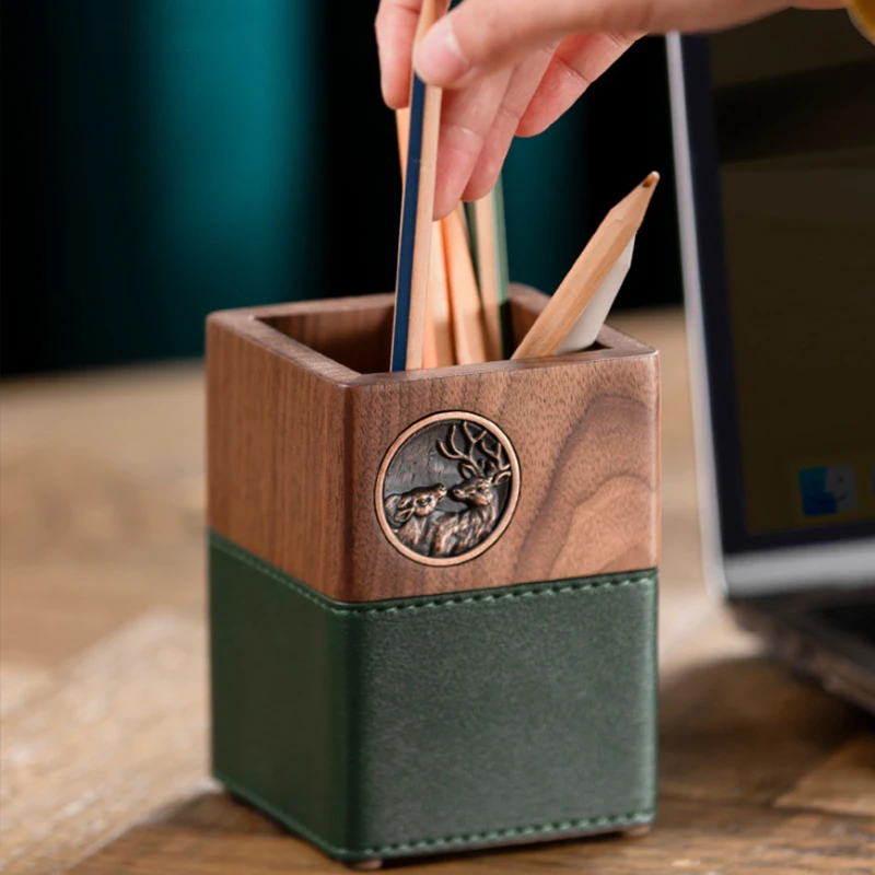 

Pen Holder for Desk Premium Walnut Pencil Holder Pen Cup Makeup Brush Holder Workspace Organizers for Home School Office