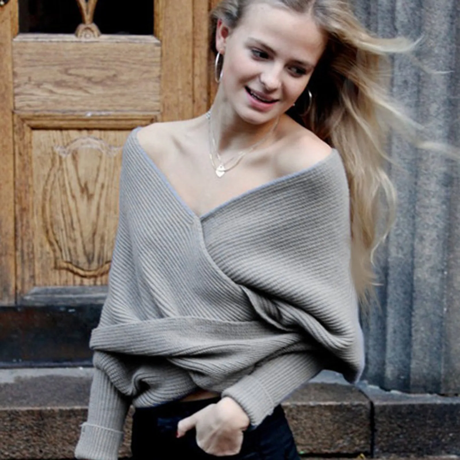 Сексуальный вязаный свитер с открытыми плечами шарф шаль Женская однотонная