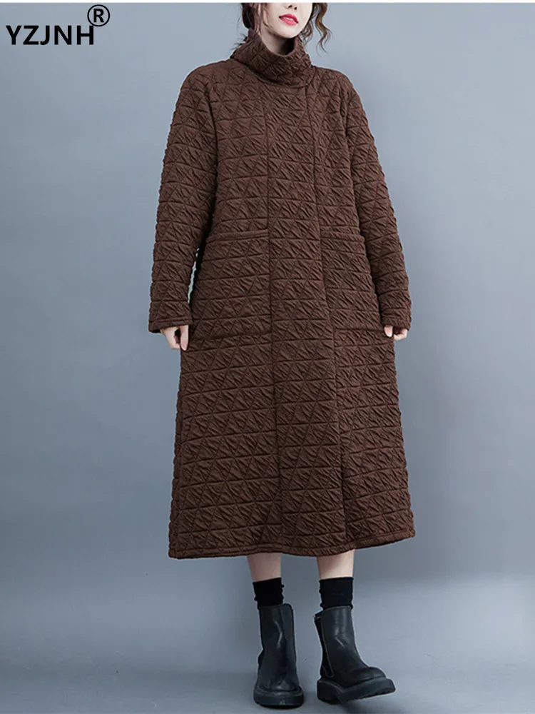 

Зимнее теплое длинное платье YZJNH 2023, женское свободное повседневное утепленное платье с высоким воротником, большое платье, носимое внутри