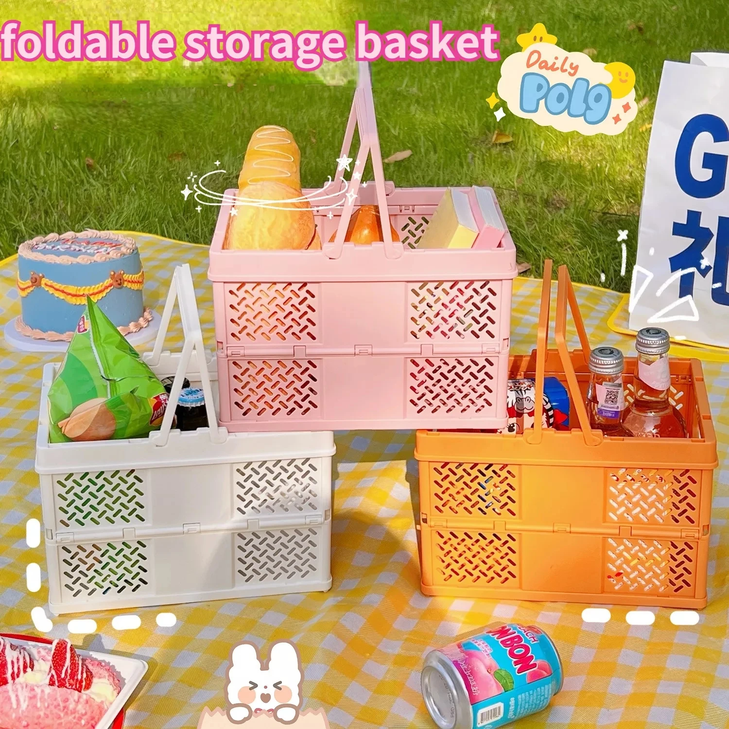 

Kawaii Foldable Outdoor Picnic Basket Storage Organizer Box Supermarket Shopping Basket Japanese Vegetable Basket Portable