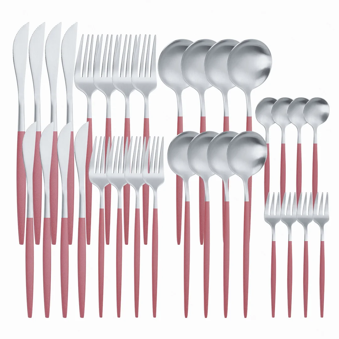 

Набор ножей, ложек, вилок, столовых приборов из нержавеющей стали, набор столовых приборов 32 шт., Розовый Серебряный набор посуды, кухонная у...