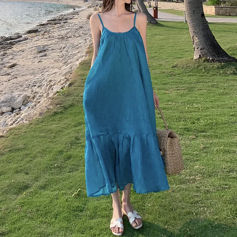 

Beach Holiday Solid Color Lace-Up Backless Dress Sexy Ruffles Sleeveless Spaghetti Strap High Waist Round Neck Women's Wear