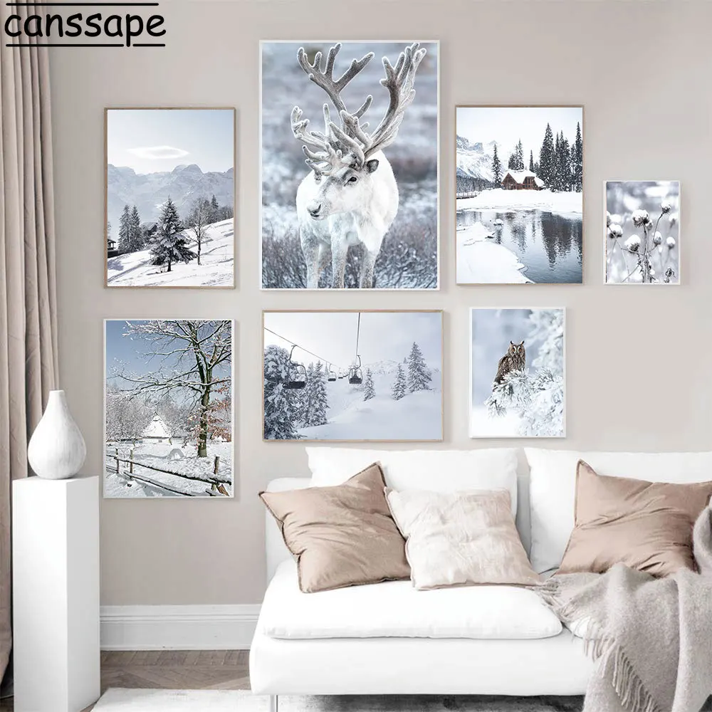 

Lake Snow Canvas Poster Mountain Forest Art Prints Owl Elk Print Pictures Winter Wall Paintings Nordic Posters Living Room Decor