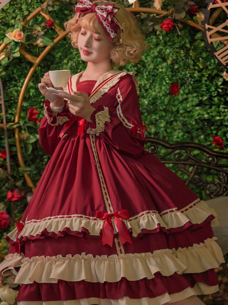 

Lolita Op Long Sleeve Dress Women Vintage Court Style High Waist Princess Dress 2023 Spring New Ruffles Bow Loose Swing Vestidos