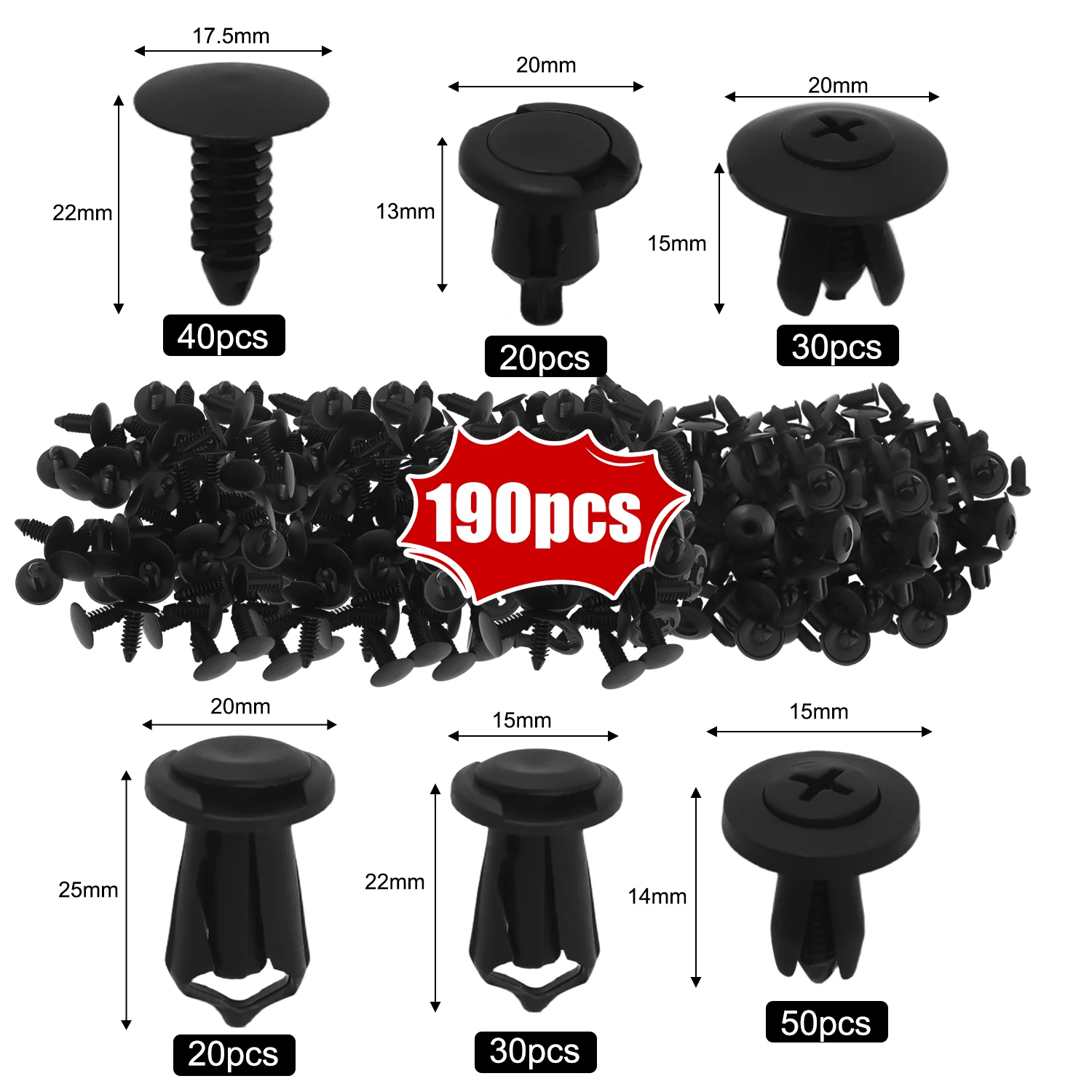 

190 шт., 6 размеров, автомобильные фиксаторы, комплект пластиковых креплений, зажим для автомобильной панели, смешанный набор заклепок для кузова, бампера автомобиля