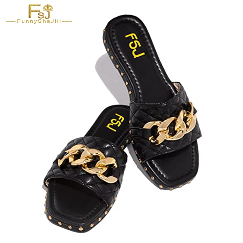 

FSJ Square Open Toe Thick Sole Gold Chain Style Women Flats Sexy Cushion Rivet Slip On Slides Checkered Strap Ladies Summer 2022