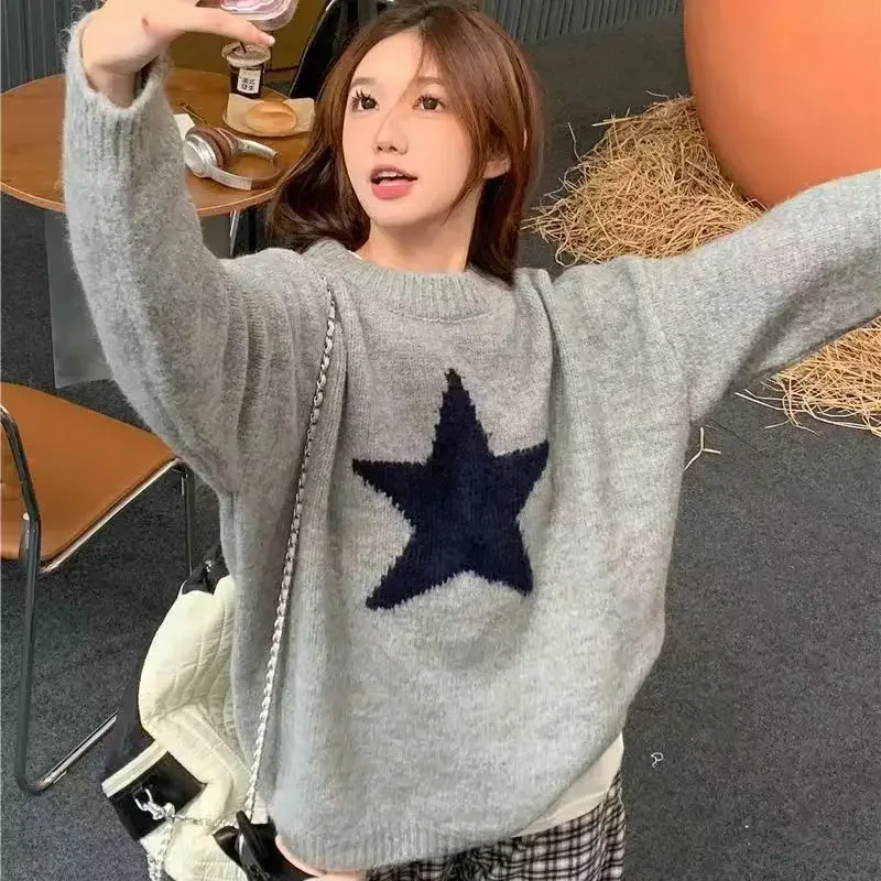 Deeptown Y2K Эстетический звездный свитер женский Harajuku винтажный серый вязаный