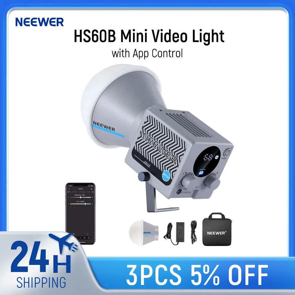 Фото Мини-видеолампа NEEWER HS60B с управлением через приложение, портативное портативное двухцветное светодиодное освещение COB мощностью 60 Вт с непрерывным выходом №1