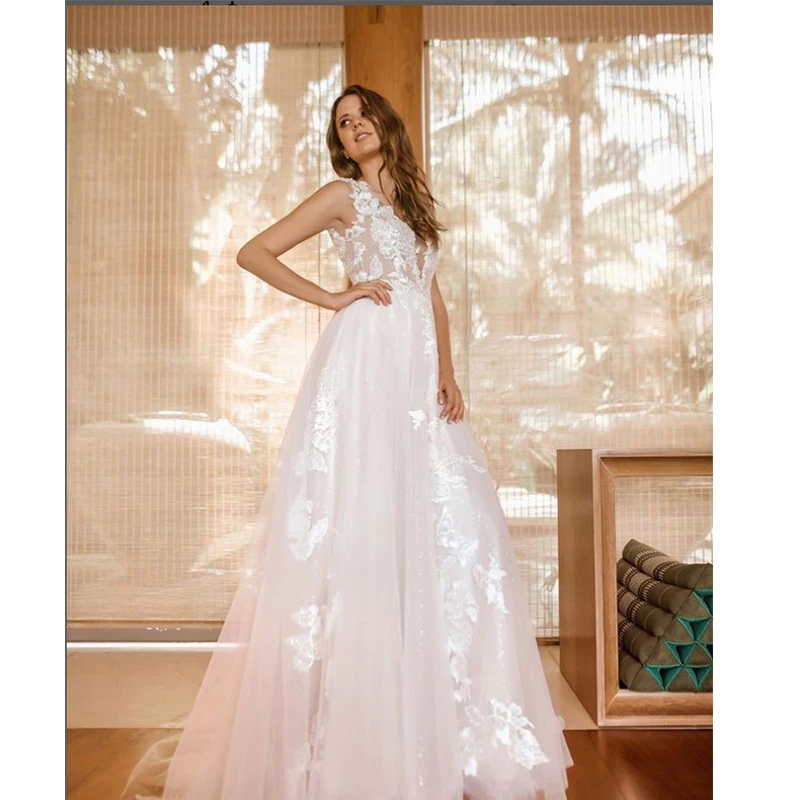 

Elegant Boho Wedding Dresses A-line V-Neck Spaghetti Straps Appliques Tea-length Bridal Gowns Custom For Women Vestidos De Noiva