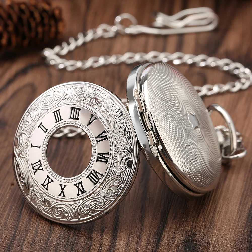 Classic Roman Numerals Display Mechanical Hand Winding Pocket Watch Silver Fob Chain Double Cover Antique Manual Pendant Clock