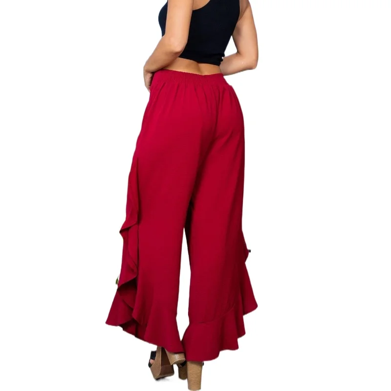 

2023 A Euramerican Casual Loose Pants Women Solid Ruffles Pants Drawstring Waist Pantalones Mujer Trousers Wide Leg Pants