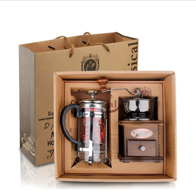 Wholesale Amazon Coffee Accessories Gift Box Wood Manual Coffee Grinder 350ml Glass French Press Coffee Maker