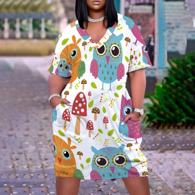 

Owl Dress Summer Dress Women Fashion Elk Animal Print Dress Kawaii Casual Short Sleeve Midi Dresses Party Evening Elegant Loose