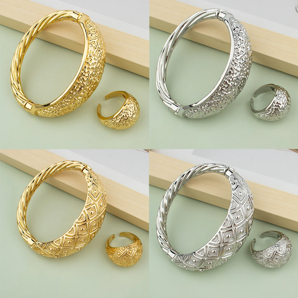 

Luxury Dubai Gold Color Bangles Rings For Women Wedding Bride Copper Bracelet Rings African Arab Middle East Jewelry Accessory