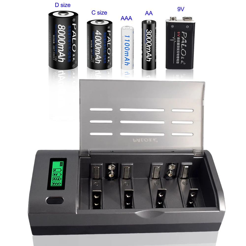 

PALO 4 Slots Smart Fast Battery Charger For Nimh Nicd 1.2V AA AAA C D size And 9V Rechargeable Battery Charger LCD Display