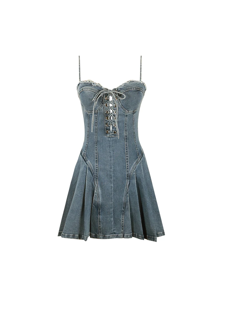 

Sexy Sweet and Spicy Style Stretch Denim Braces Skirt Lace-up Tube Top A- line Skirt