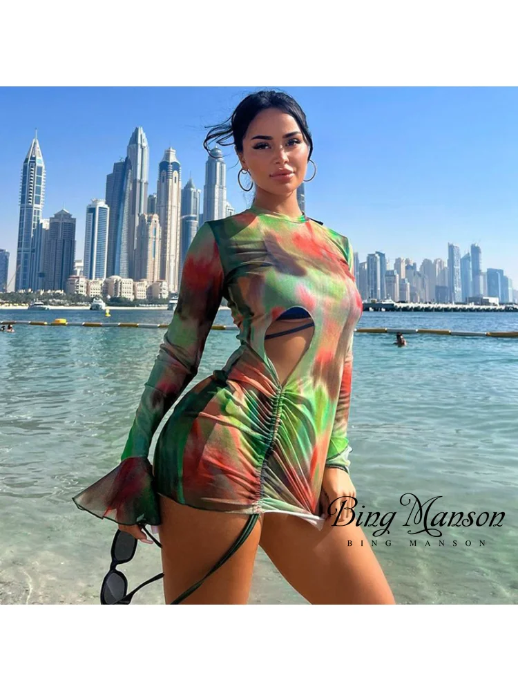 

Drawstring Long Sleeve Printed Dress American 2023 Autumn New Sexy Hollow Out Round Neck Tie Dyed Flare Sleeve Short Skirt Y2k