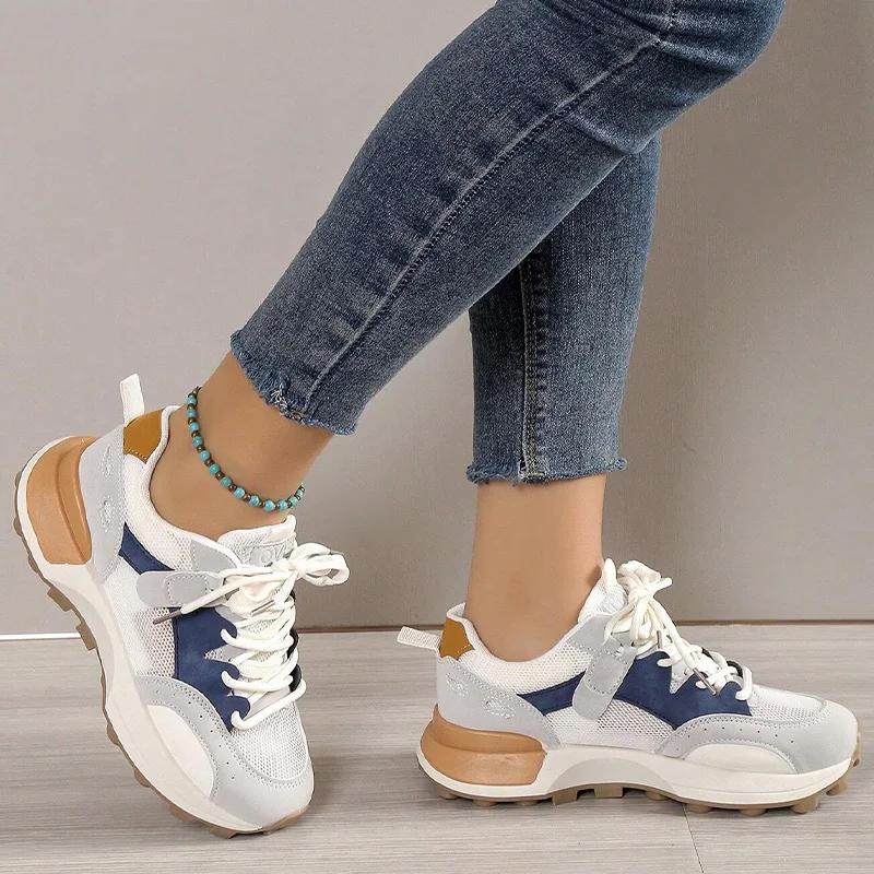 Women Summer Color Block Letter Patch Decor Sneakers Soft Sole Shoes Women Chunky Heel Fashion Sneaker Breathable Sneakers