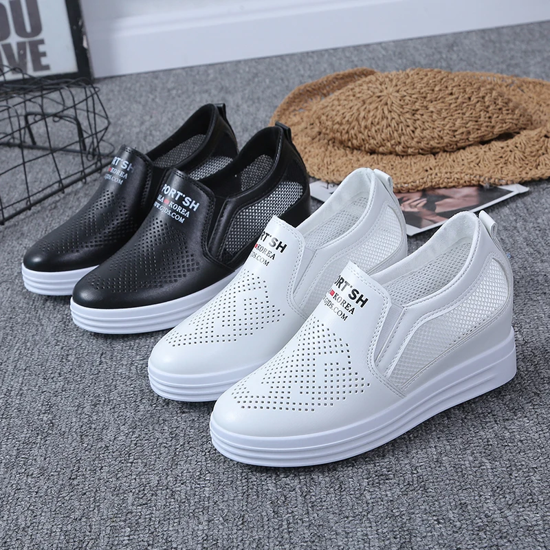 

Женские дышащие кроссовки на платформе, Белые слипоны, однотонная обувь, увеличивающая рост, новинка 2022